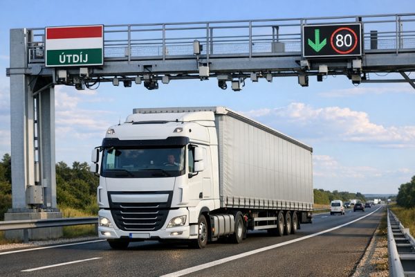 DALL·E 3_realisztikus_kep_egy_kamionrol_utdij-ellenorzo-kapu-alatt-80-as-tabla