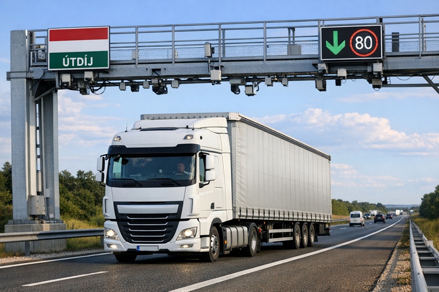 DALL·E 3_realisztikus_kep_egy_kamionrol_utdij-ellenorzo-kapu-alatt-80-as-tabla